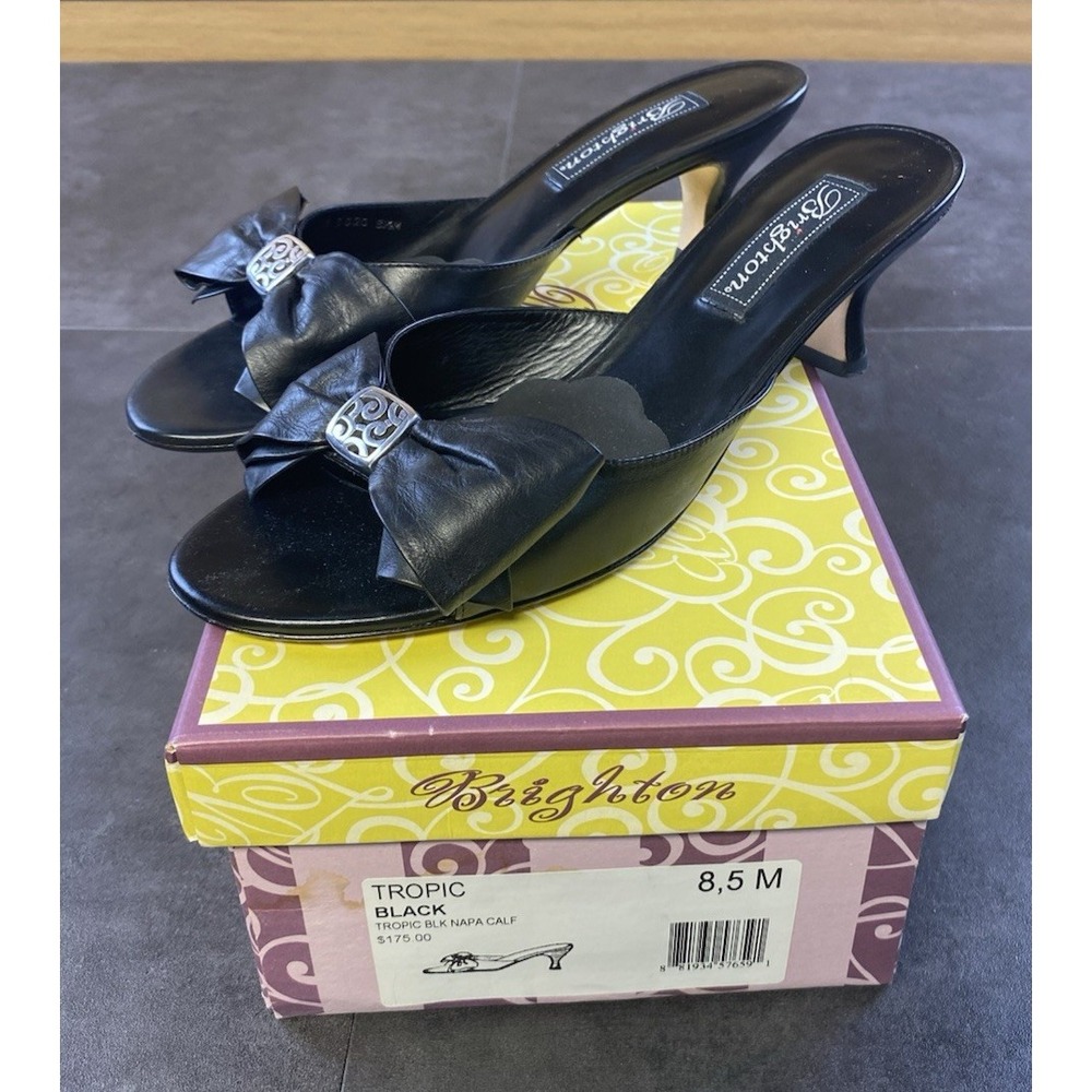 Brighton Women's Black Tropic Napa Heeled Sandals with Bows Size 8.5 with Box